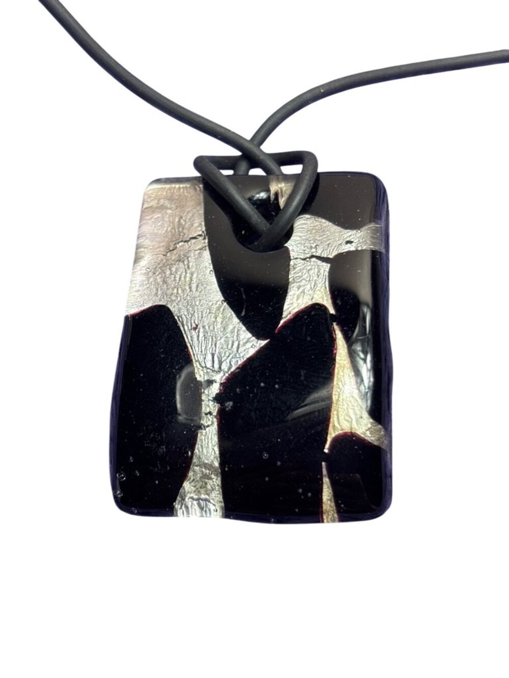 Black and Silver Foil Murano Glass Pendant Necklace Black Cord Lobster Clasp